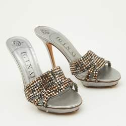 Gina Silver Crystal Embellished Leather Slide Sandals Size 38