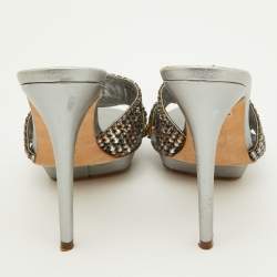 Gina Silver Crystal Embellished Leather Slide Sandals Size 38