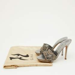 Gina Silver Crystal Embellished Leather Slide Sandals Size 38