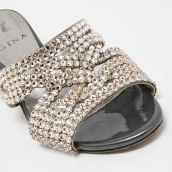 Pre Owned Gina Silver/Grey Crystal Embellished Leather Slide Sandals Size 36.5