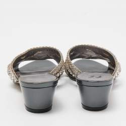 Pre Owned Gina Silver/Grey Crystal Embellished Leather Slide Sandals Size 36.5