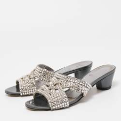 Pre Owned Gina Silver/Grey Crystal Embellished Leather Slide Sandals Size 36.5