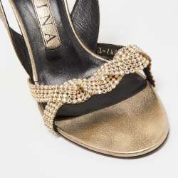 Pre Owned Gina Gold Crystal Embellished Leather Slingback Sandals Size 37.5