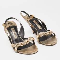 Pre Owned Gina Gold Crystal Embellished Leather Slingback Sandals Size 37.5