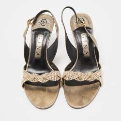 Pre Owned Gina Gold Crystal Embellished Leather Slingback Sandals Size 37.5
