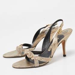 Pre Owned Gina Gold Crystal Embellished Leather Slingback Sandals Size 37.5
