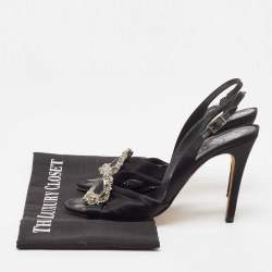 Pre Owned Gina Black Satin Crystal Embellished Slingback Sandals Size 38.5