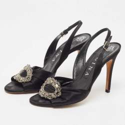Pre Owned Gina Black Satin Crystal Embellished Slingback Sandals Size 38.5