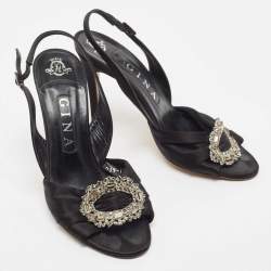 Pre Owned Gina Black Satin Crystal Embellished Slingback Sandals Size 38.5