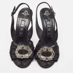 Pre Owned Gina Black Satin Crystal Embellished Slingback Sandals Size 38.5