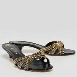 مملوكة مسبقًا Gina Black Leather Crystal Embellished Slide Sandals Size 41