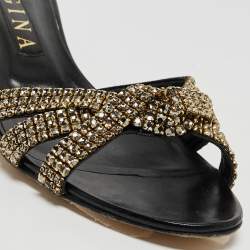 مملوكة مسبقًا Gina Black Leather Crystal Embellished Slide Sandals Size 41