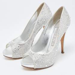 Pre Owned Gina Silver Satin Crystal Embellished Peep Toe Platform Pumps Size 37.5