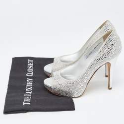 Pre Owned Gina Silver Satin Crystal Embellished Peep Toe Platform Pumps Size 37.5