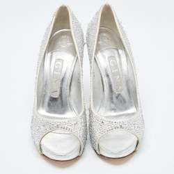 Pre Owned Gina Silver Satin Crystal Embellished Peep Toe Platform Pumps Size 37.5