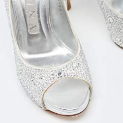 Pre Owned Gina Silver Satin Crystal Embellished Peep Toe Platform Pumps Size 37.5