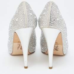 Pre Owned Gina Silver Satin Crystal Embellished Peep Toe Platform Pumps Size 37.5