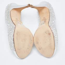 Pre Owned Gina Silver Satin Crystal Embellished Peep Toe Platform Pumps Size 37.5