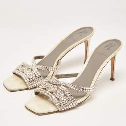 Pre Owned Gina Cream/Grey Croc Embossed Leather Crystal Embellished Slide Sandals Size 40.5 