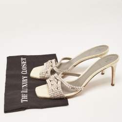 Pre Owned Gina Cream/Grey Croc Embossed Leather Crystal Embellished Slide Sandals Size 40.5 