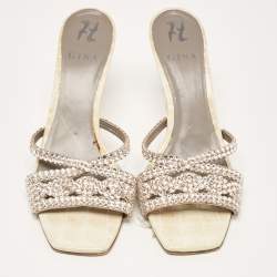 Pre Owned Gina Cream/Grey Croc Embossed Leather Crystal Embellished Slide Sandals Size 40.5 