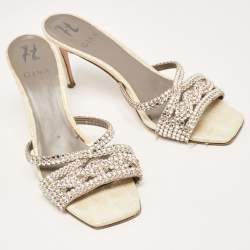 Pre Owned Gina Cream/Grey Croc Embossed Leather Crystal Embellished Slide Sandals Size 40.5 
