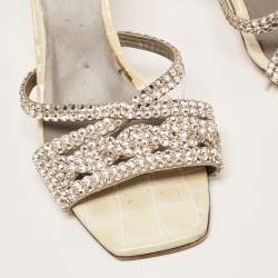 Pre Owned Gina Cream/Grey Croc Embossed Leather Crystal Embellished Slide Sandals Size 40.5 