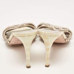 Pre Owned Gina Cream/Grey Croc Embossed Leather Crystal Embellished Slide Sandals Size 40.5 