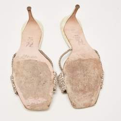 Pre Owned Gina Cream/Grey Croc Embossed Leather Crystal Embellished Slide Sandals Size 40.5 