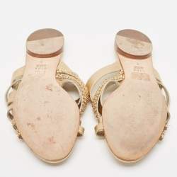 Pre Owned Gina Golden Leather Crystal Embellished Slide Sandals Size 38
