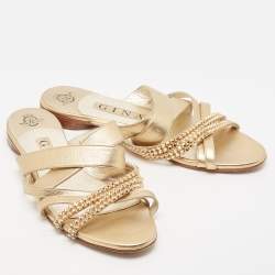 Pre Owned Gina Golden Leather Crystal Embellished Slide Sandals Size 38