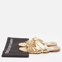 Pre Owned Gina Golden Leather Crystal Embellished Slide Sandals Size 38