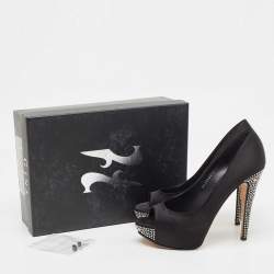 Gina Black Satin Jenna Crystal Embellished Heel Peep Toe Platform Pumps Size 39.5