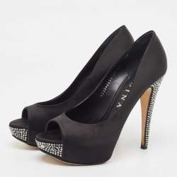 Gina Black Satin Jenna Crystal Embellished Heel Peep Toe Platform Pumps Size 39.5