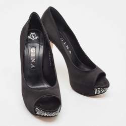 Gina Black Satin Jenna Crystal Embellished Heel Peep Toe Platform Pumps Size 39.5