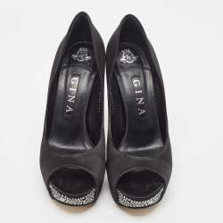 Gina Black Satin Jenna Crystal Embellished Heel Peep Toe Platform Pumps Size 39.5