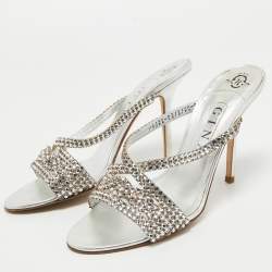 Pre Owned Gina Silver Leather Crystal Embellished Slide Sandals Size 40