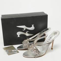 Pre Owned Gina Silver Leather Crystal Embellished Slide Sandals Size 40