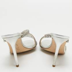 Pre Owned Gina Silver Leather Crystal Embellished Slide Sandals Size 40