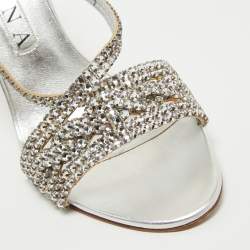 Pre Owned Gina Silver Leather Crystal Embellished Slide Sandals Size 40