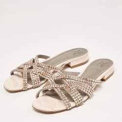 Pre Owned Gina Light Pink Crystal Embellished Leather Flat Slides Size 37.5