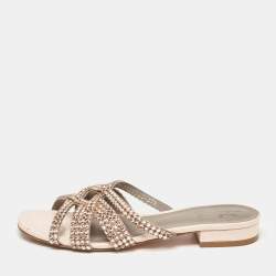 Pre Owned Gina Light Pink Crystal Embellished Leather Flat Slides Size 37.5