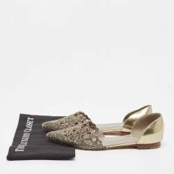 Pre Owned Gina Metallic Leather Crystal Embellished Laser Cut D'orsay Flats Size 39.5