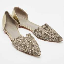 Pre Owned Gina Metallic Leather Crystal Embellished Laser Cut D'orsay Flats Size 39.5