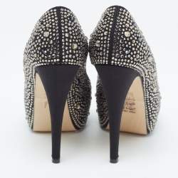 مملوكة مسبقًا Gina Black Crystal Embellished Satin Platform Peep Toe Pumps Size 37.5