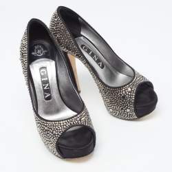 مملوكة مسبقًا Gina Black Crystal Embellished Satin Platform Peep Toe Pumps Size 37.5