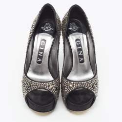 مملوكة مسب قًا Gina Black Crystal Embellished Satin Platform Peep Toe Pumps Size 37.5