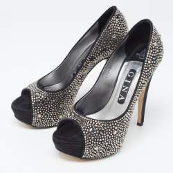 مملوكة مسبقًا Gina Black Crystal Embellished Satin Platform Peep Toe Pumps Size 37.5