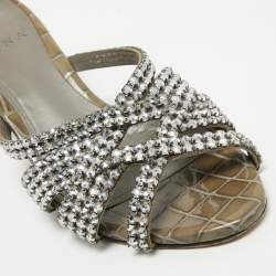 مملوكة مسبقًا Gina Olive Green Crystal Embellished Leather Slide Sandals Size 36.5