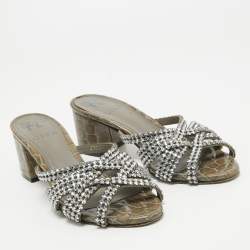 مملوكة مسبقًا Gina Olive Green Crystal Embellished Leather Slide Sandals Size 36.5